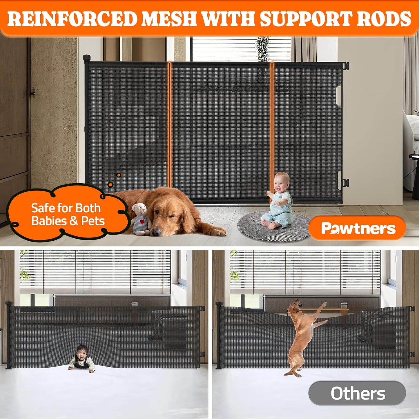 Pawtners Retractable Baby Gates Extra Wide, 41" Tall Extends up to 71" Wide, Dog Gate Indoor for Stairs, Pet Gate with Support Rods for Doorways Hallways Indoor & Outdoor-Black