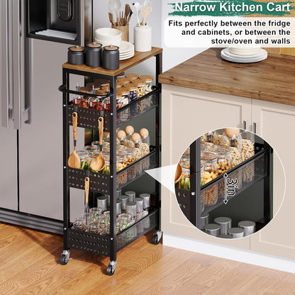 Utility Slim Storage Cart, 4-Tier Narrow Bathroom Organizers and Storage Cart, Narrow Metal Kitchen Laundry Room Organization Shelf with Wood Top, Slim Rolling Carts with Wheels for Small Space