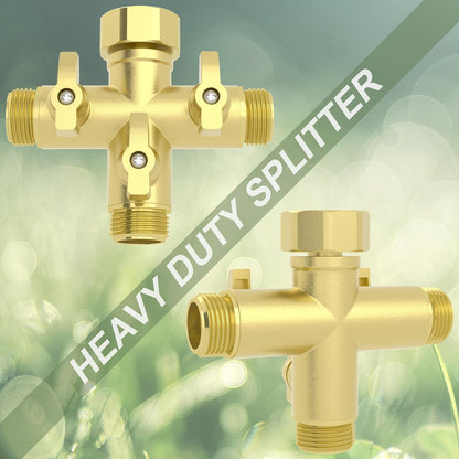 YANWOO Heavy Duty Metal 3 Way + Type Garden Hose Splitter with Shut-Off Valves, 3/4" High Flow Spigot Faucet Connectors with 4 Extra Silicone Washers(Golden)