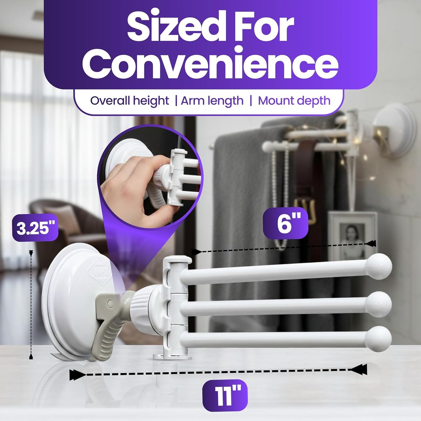 Safe-er-Grip Changing Lifestyles Drip Dry Portable Drying Rack, White with 3 Movable Arms, Swing Arm Suction Cup Towel Bar, Bath Towel Rack Hanger Towel Holder Organizer 11.5x17 Inch (Pack of 1)