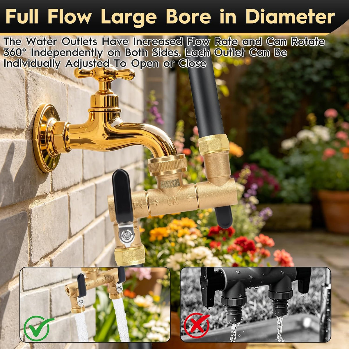 2 Way Garden Hose Splitter, Brass Y-Valve Hose Splitter. | Brass Garden Hose Splitter, 2 Way Heavy Duty Faucet Splitter with Shut Off Valve, 3/4" GHT Thread, Hose Bib Adapter