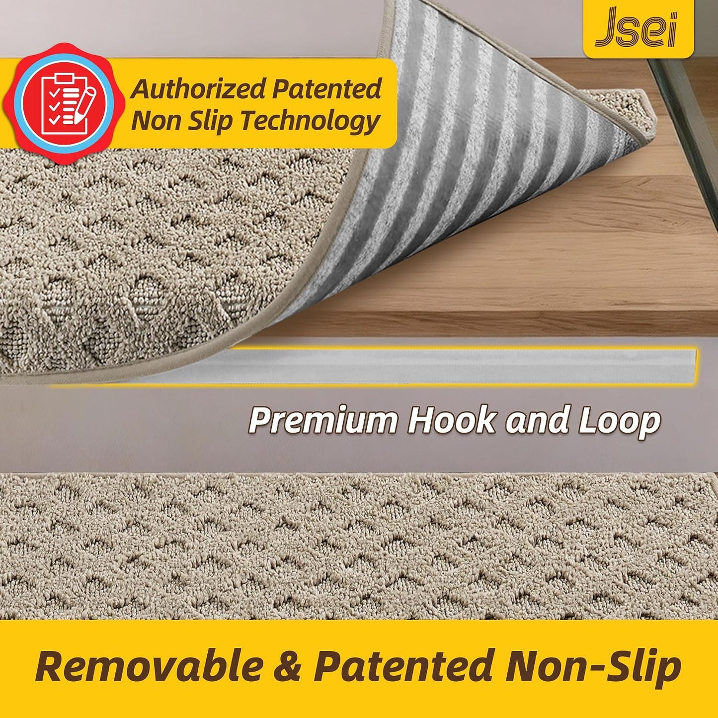 JSEI Bullnose Carpet Stair Treads, 14 Pcs Non Slip Stair Treads for Wooden Steps Indoor with TPE Backing, 11" x 30" Machine Washable Stair Runners with Edge Protection for Kids, Elders and Pets, Beige