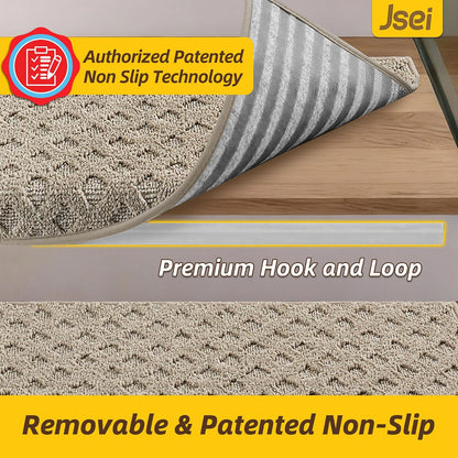 JSEI Bullnose Carpet Stair Treads, 14 Pcs Non Slip Stair Treads for Wooden Steps Indoor with TPE Backing, 11" x 30" Machine Washable Stair Runners with Edge Protection for Kids, Elders and Pets, Beige