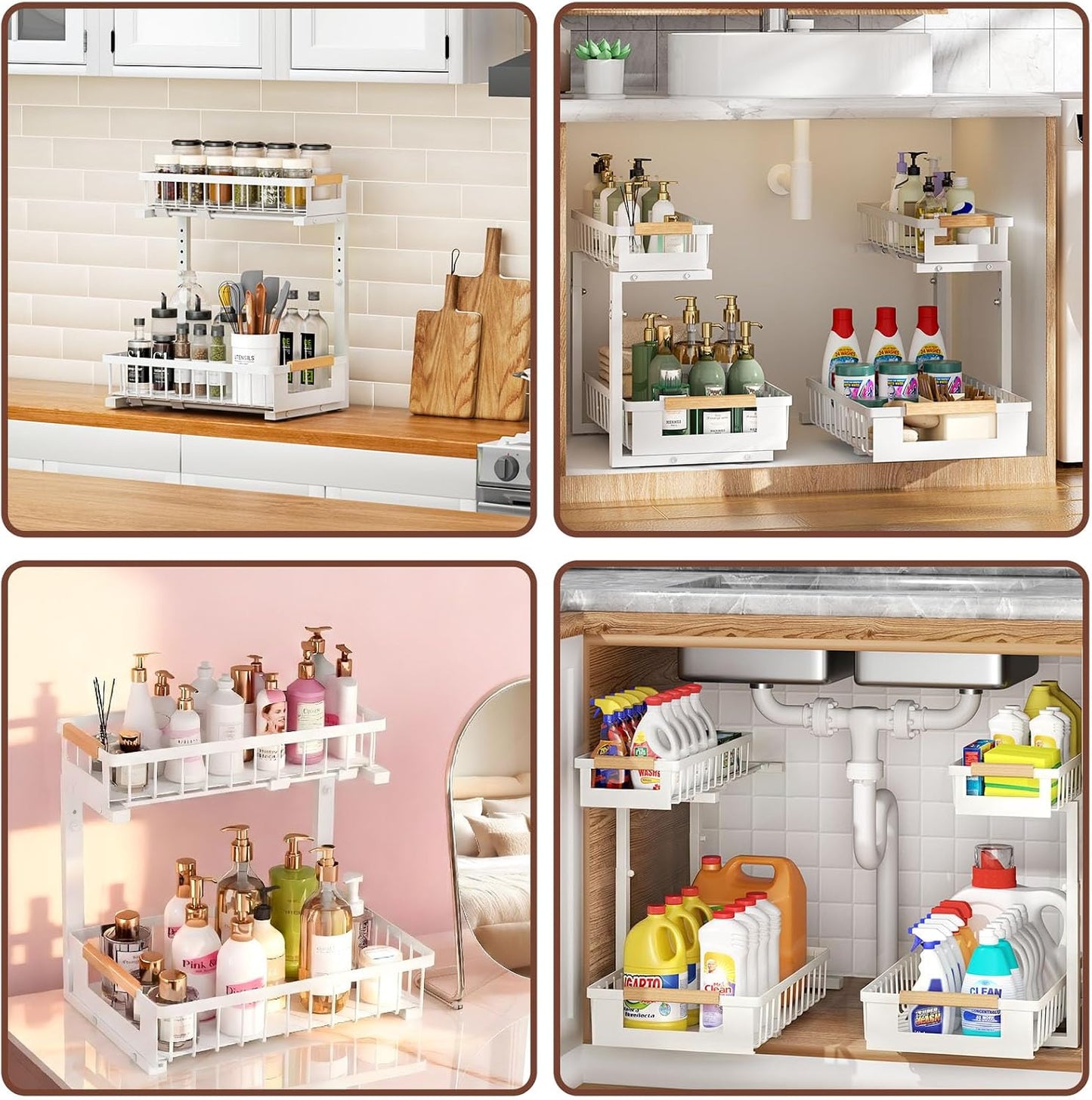 2 Pack Under Sink Organizer, 2 Tier Pull Out Cabinet Organizer with 5-Level Adjustable Height, Sliding Metal Storage Rack for Kitchen Bathroom Pantry, White