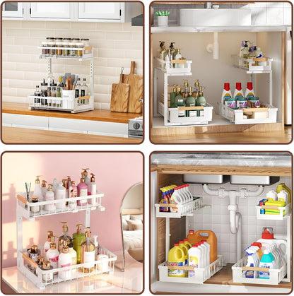 2 Pack Under Sink Organizer, 2 Tier Pull Out Cabinet Organizer with 5-Level Adjustable Height, Sliding Metal Storage Rack for Kitchen Bathroom Pantry, White