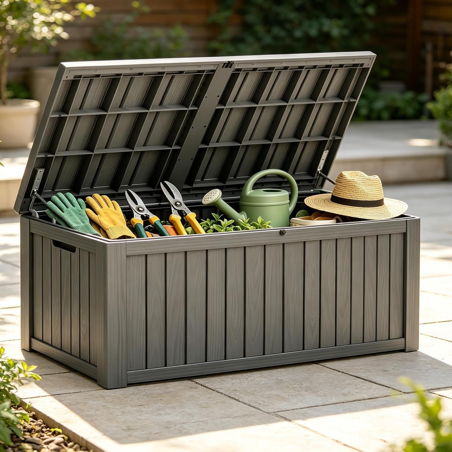 Fancyango 75 Gallon Outdoor Deck Box Waterproof, Large Storage Box for Patio, Resin Storage Bench Lockable for Garden Tools, Package Delivery, Black