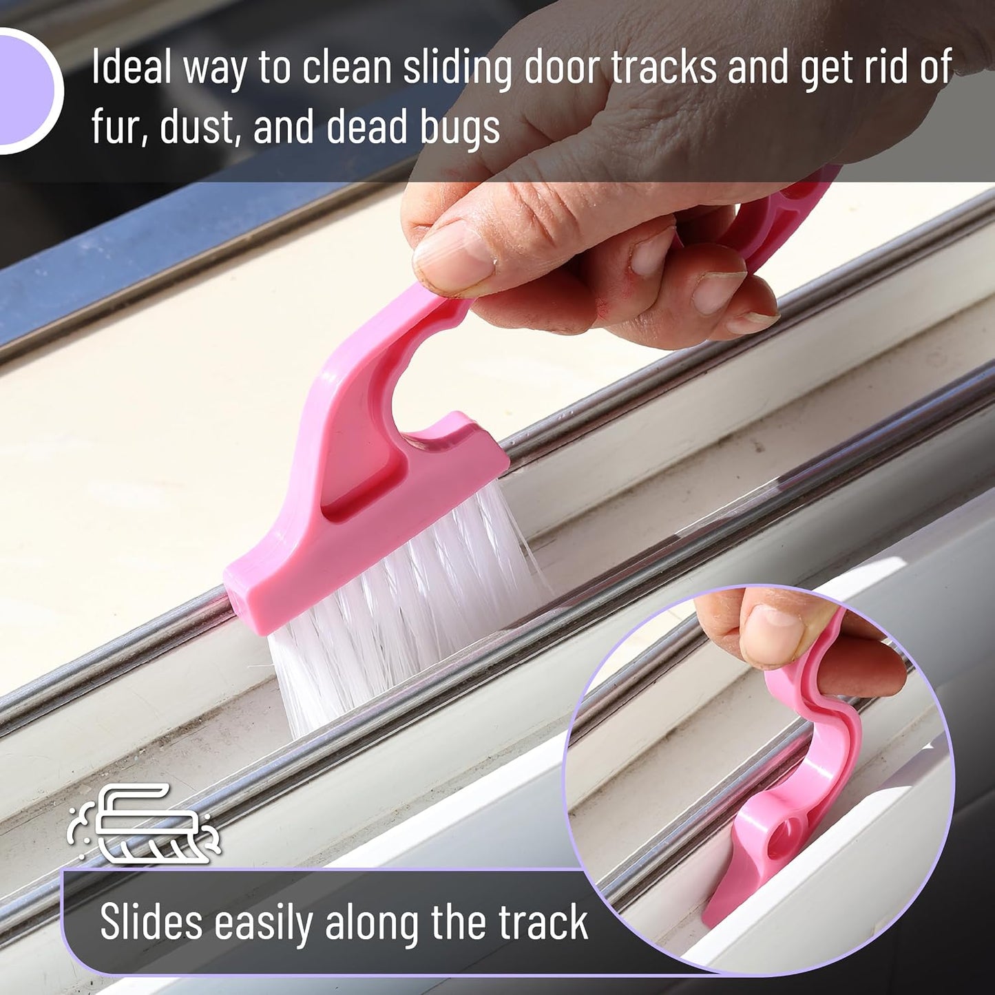 Slick- Window Track Cleaning Brush, 2 Pack, Blue Ergonomic Handle | Built-in Scraper, Multipurpose Window Track Cleaning Tool for Sliding Doors, Windows, Corners, Dust, Dirt & Narrow Gaps