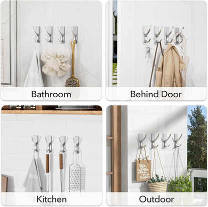 pickpiff White Self Adhesive Coat Hooks for Hanging: 13LB Extra Strong Stainless Wall Hook for Towel, Utensil, Backpack, Hat, Sturdy Metal Hanger for Bathroom, Kitchen, Door, 4-Pack