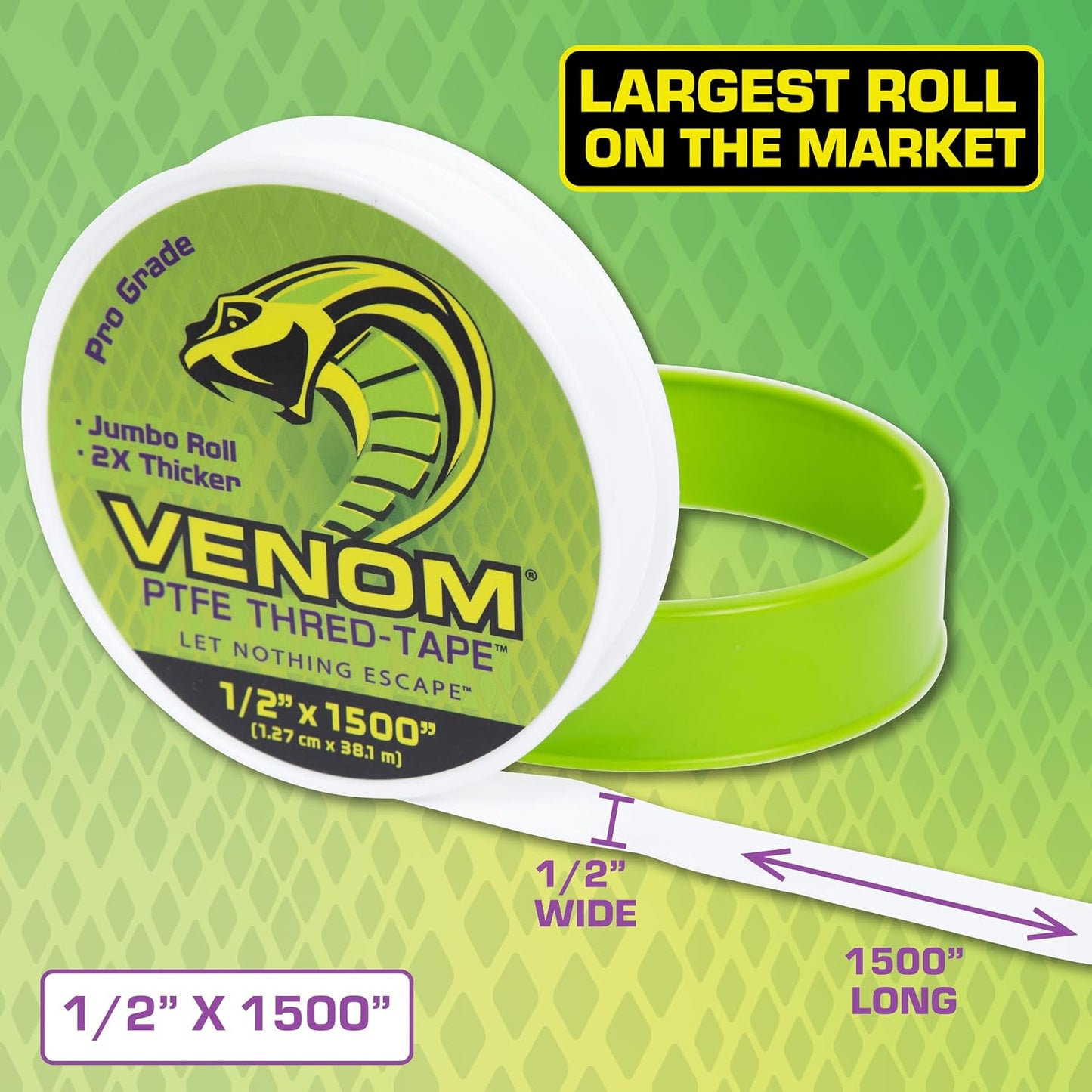 Venom Pro-Grade PTFE Thread Tape, 1/2" x 520" Roll – Professional-Grade, 99.9% Pure, 2X Thicker, No Dyes, UL-Approved for Plumbing, Potable Water, Food Grade, and Oxygen Systems