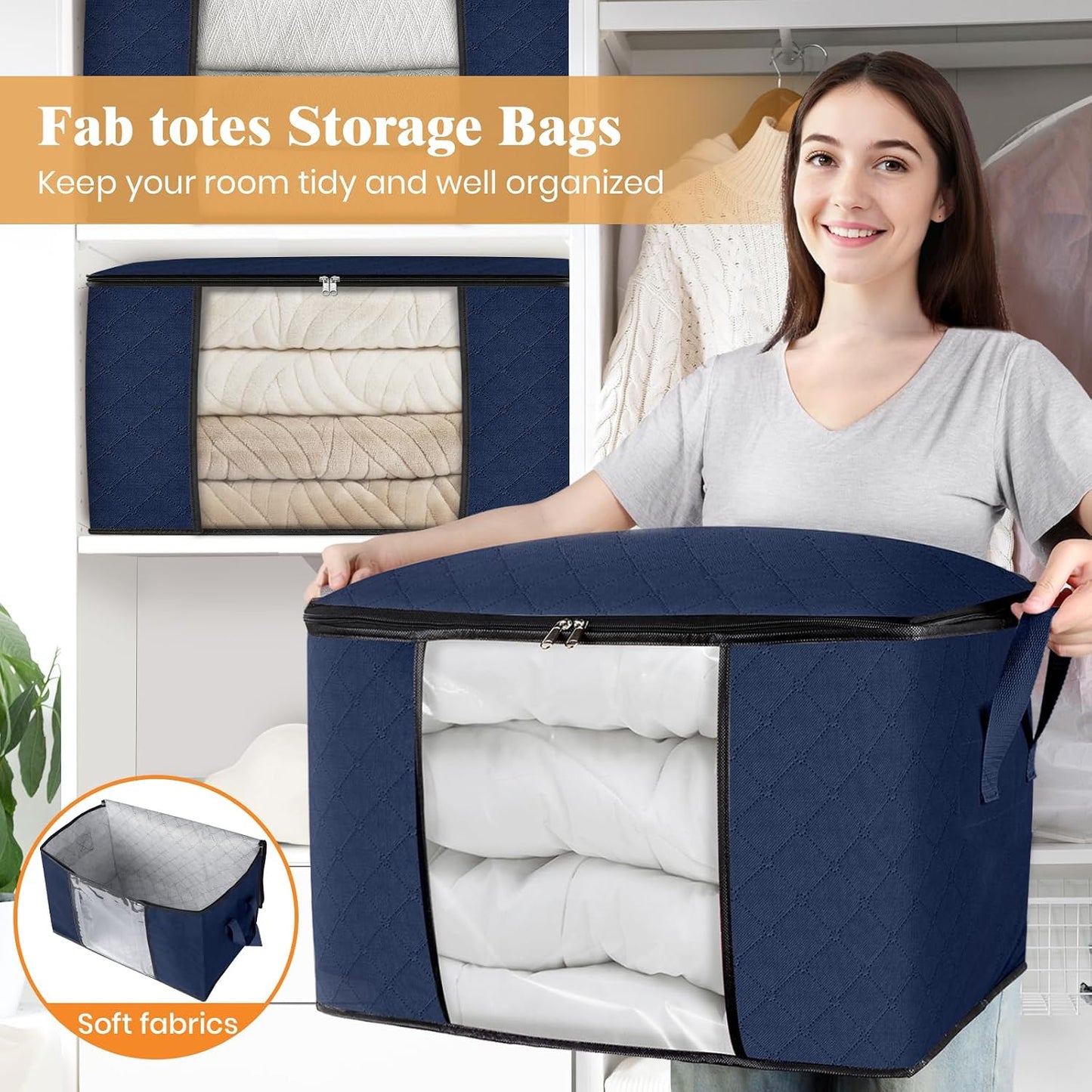 Fab totes 6 Pack Storage Bags for Clothes and Blanket, Foldable Closet Organizers and Storage with Zippers, Clear Window and Handles, Fabric Storage Bins for Sweater, Comforter, Bedding,Linen Sheets