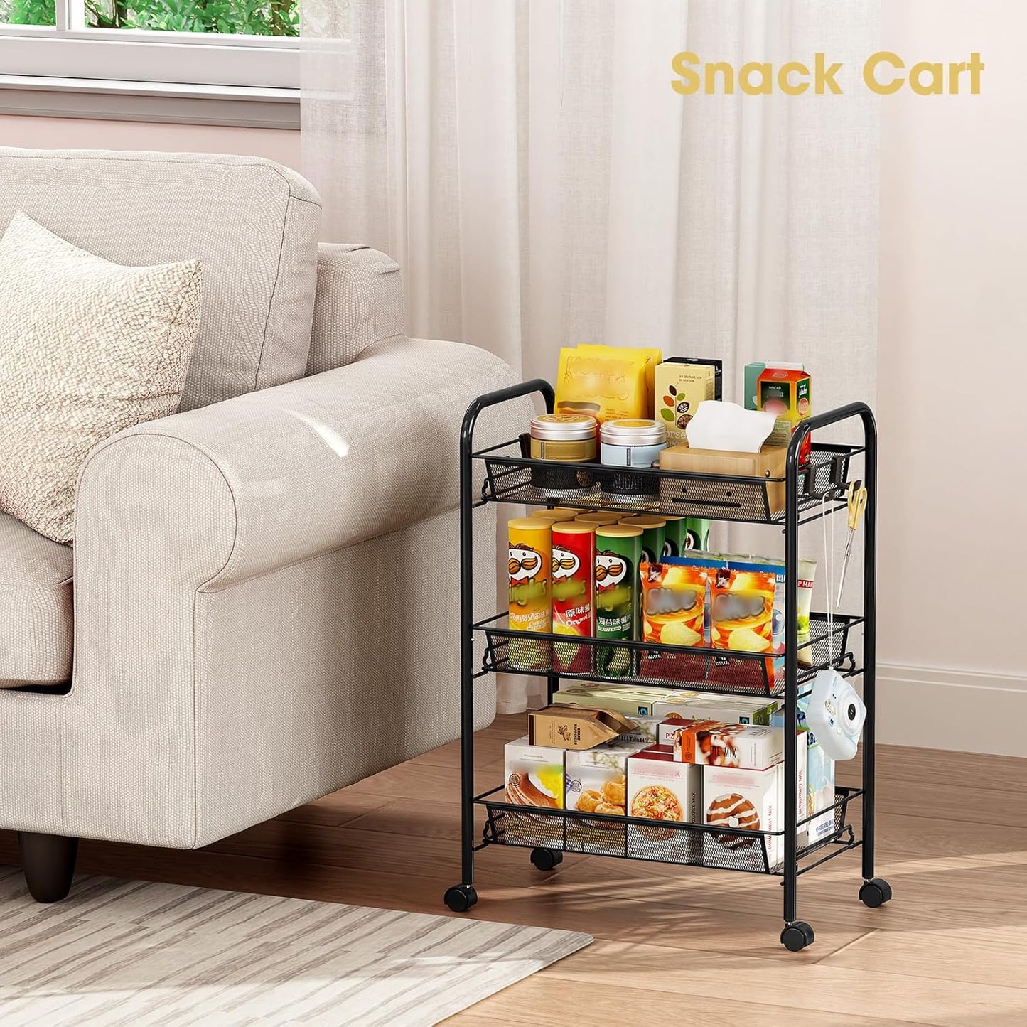 TOOLF 3-Tier Metal Rolling Cart, Mesh Wire Easy Assemble Utility Cart, Storage Trolley on Wheels with 3 Hooks, MetalStorage Shelving Units for Kitchen Bathroom Laundry Room