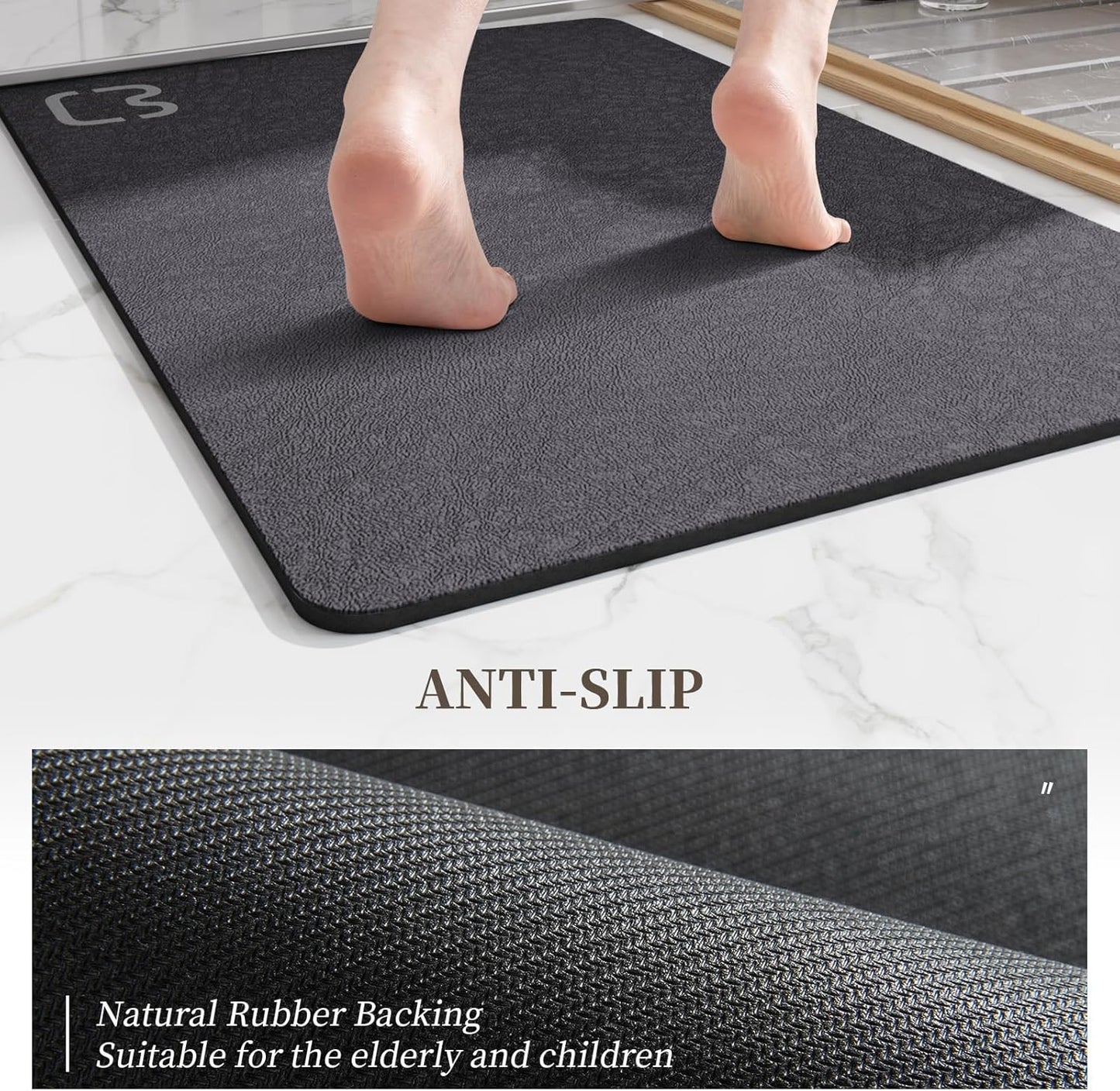Diatomaceous Earth Bath Mat Rugs Super Absorbent Diatomite Stone Bath Mat Non Slip Quick Dry Thin Bathroom Mat Fit Under Door, Floor Rugs in Front of Bathtub, Shower Room, Sink,15.7"x23.6", Grey