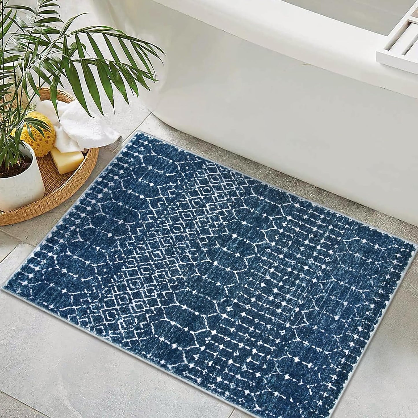 Lahome Moroccan Entry Rug 2x3, Non-Slip Washable Front Indoor Door Mat Rubber Backing Low-Profile Door Rugs, Small Geometric Print Distressed for Entryway Bathroom Kitchen, Black Hana