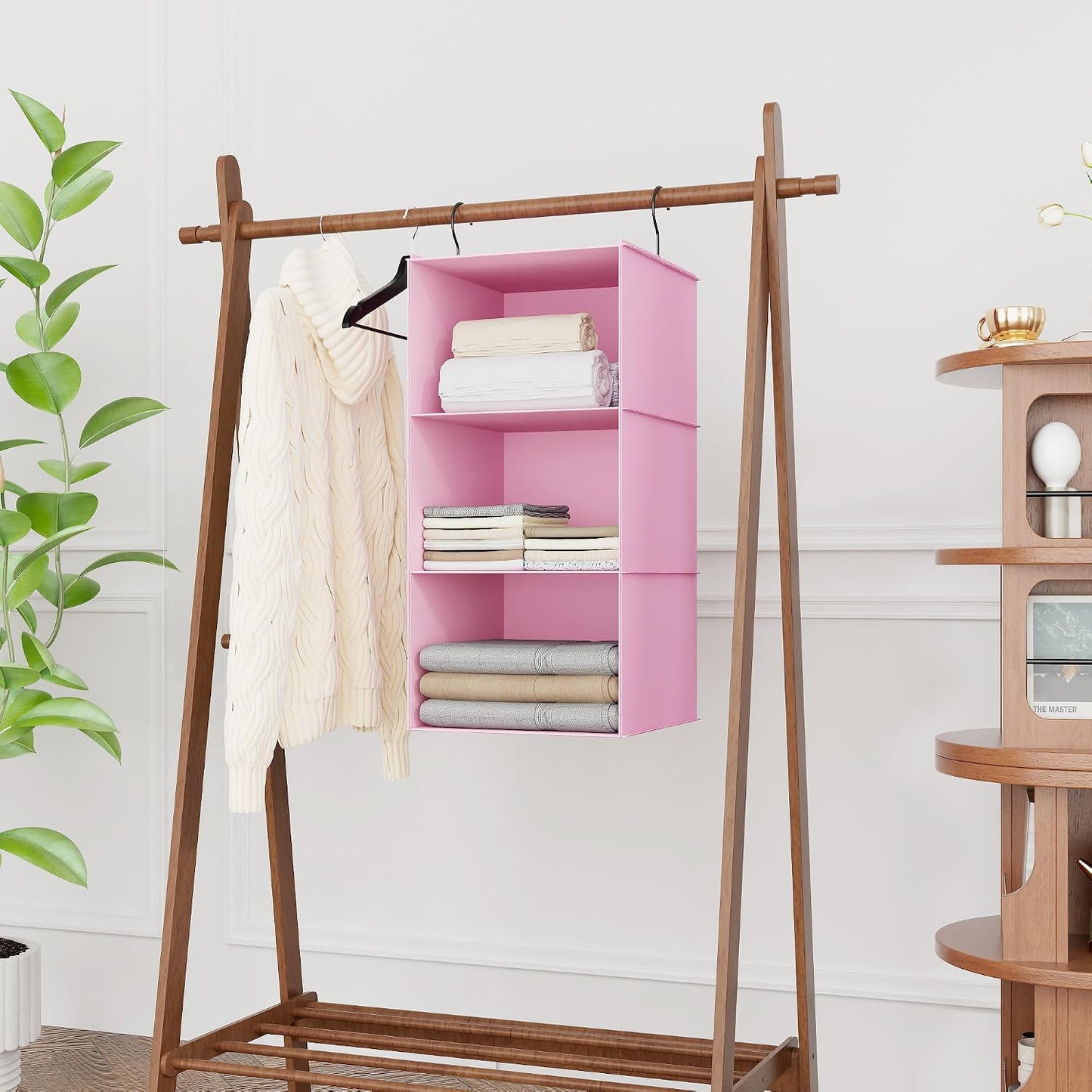 Hanging Closet Organizer 3-Shelf, Oxford Fabric Wardrobe Storage, Gray | Easy-mount foldable design holds clothes, handbags, shoes & accessories; washable Oxford fabric, sturdy and space-saving.