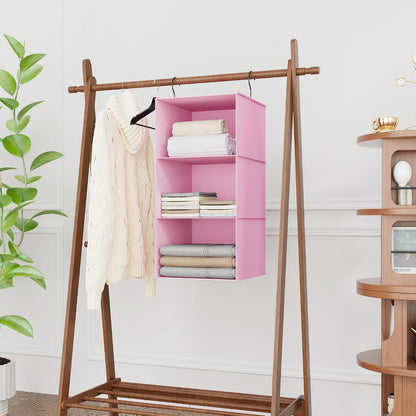 Hanging Closet Organizer 3-Shelf, Oxford Fabric Wardrobe Storage, Gray | Easy-mount foldable design holds clothes, handbags, shoes & accessories; washable Oxford fabric, sturdy and space-saving.