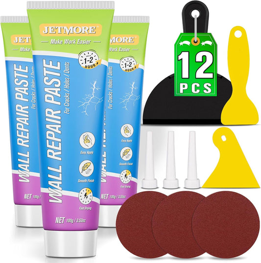Jetmore 12 Pcs Drywall Repair Kit, 3 × 3.5 oz (100g Each) Spackle, Wall Repair Paste, Wall Putty, Wall Hole Filler with Putty Knife & Sanding Pad for Nail Holes, Cracks, Dents, Wall Mending Agent