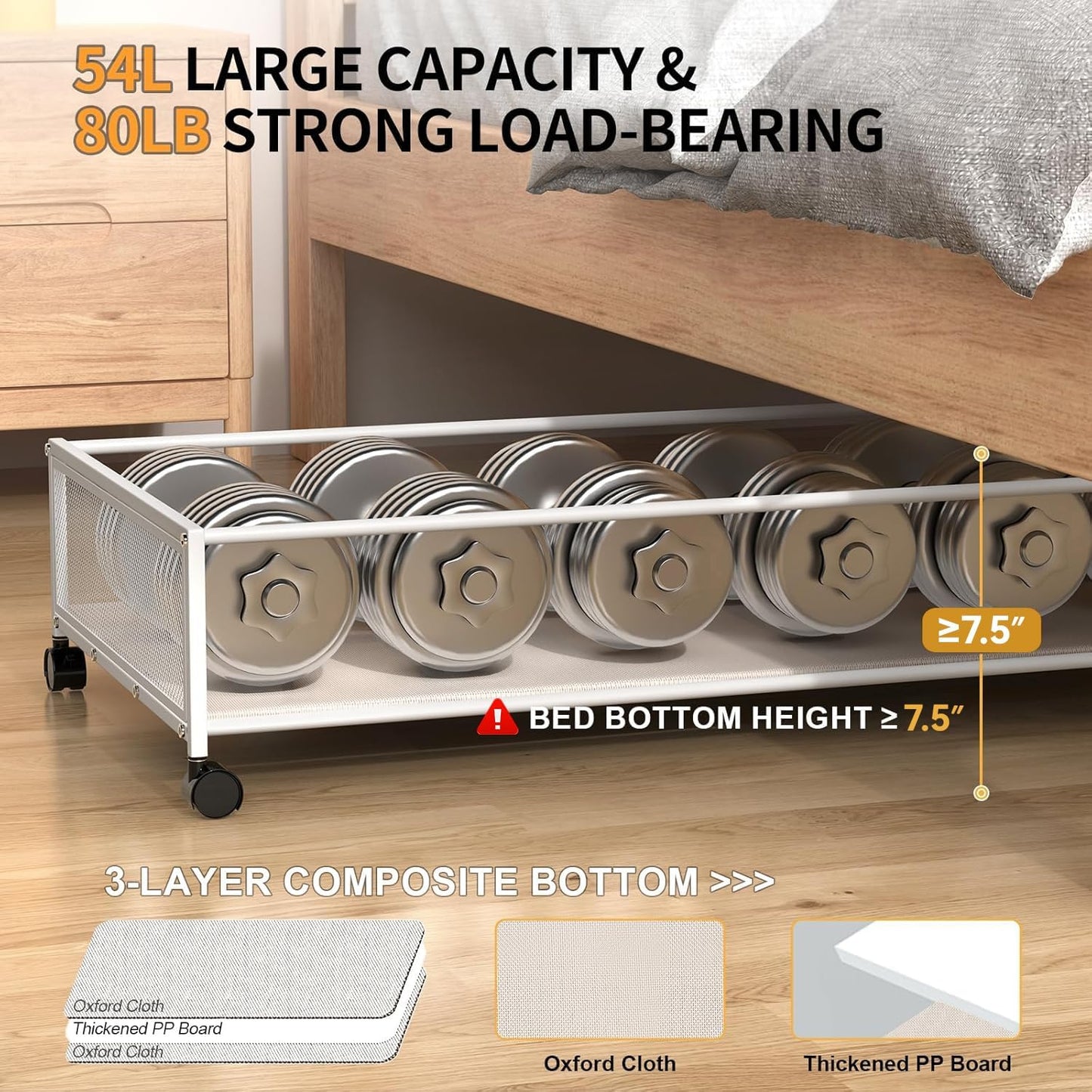 Under Bed Storage Containers with Wheels Large Underbed Shoes Blankets Clothes Toy Storage Drawers for College Dorms Bedrooms Nursery Rooms Organization (Black 2 Pack, 7.5in height(36"x16.6"x7.48"))