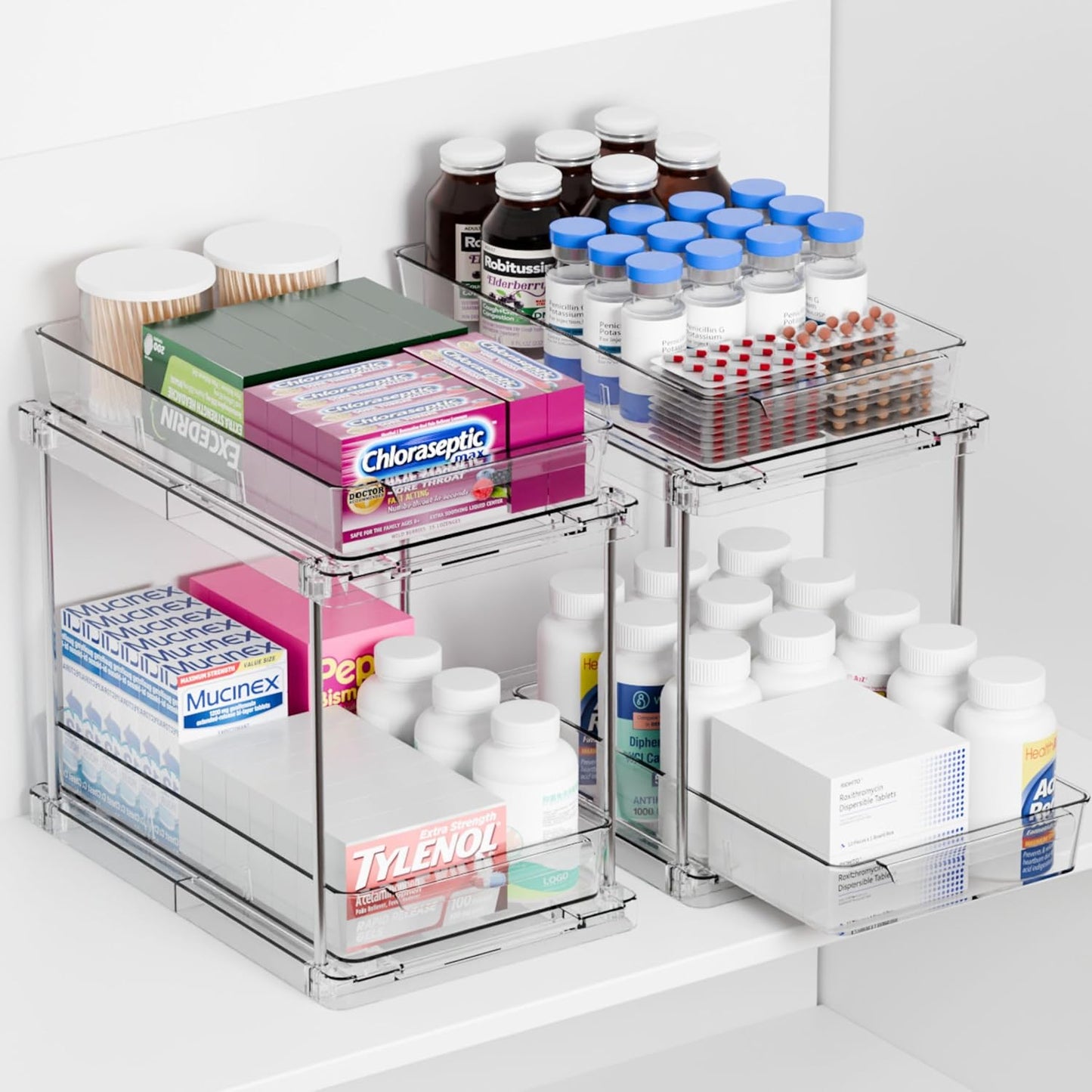 Yieach 2 Pack 2 Tier Pull Out Drawers for Medicine Cabinet Organizer,Bathroom Under Cabinet Storage,12.1″ Deep Pantry and Medicine Shelf Organizer for Toiletry Product,Vitamin Bottle and Supplement