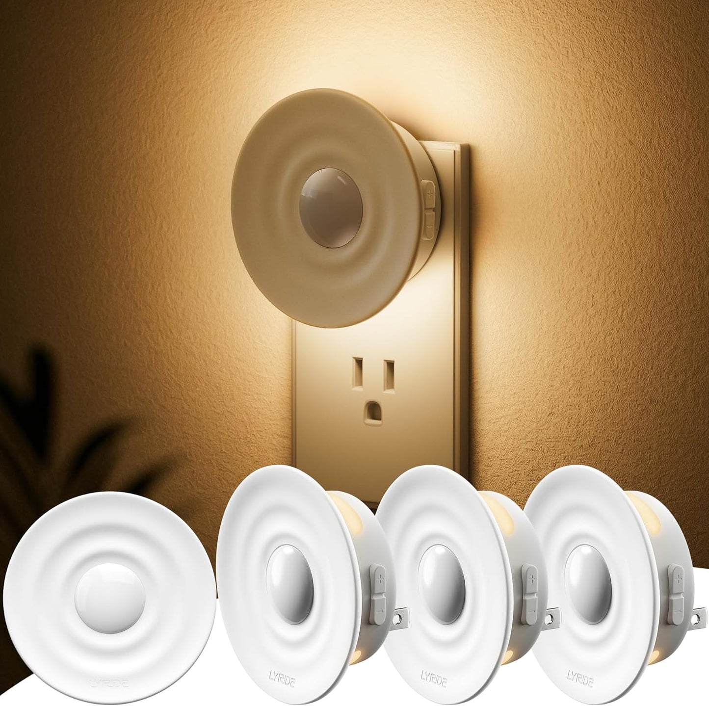 Lyridz Plug-in Backlit Motion Sensor Night Light with Dusk to Dawn Sensor, 1-50LM Precise Dimmable Wall Lights for Bedroom, Bathroom, Hallway, Stairs, Nursery, Warm White, 4-Pack