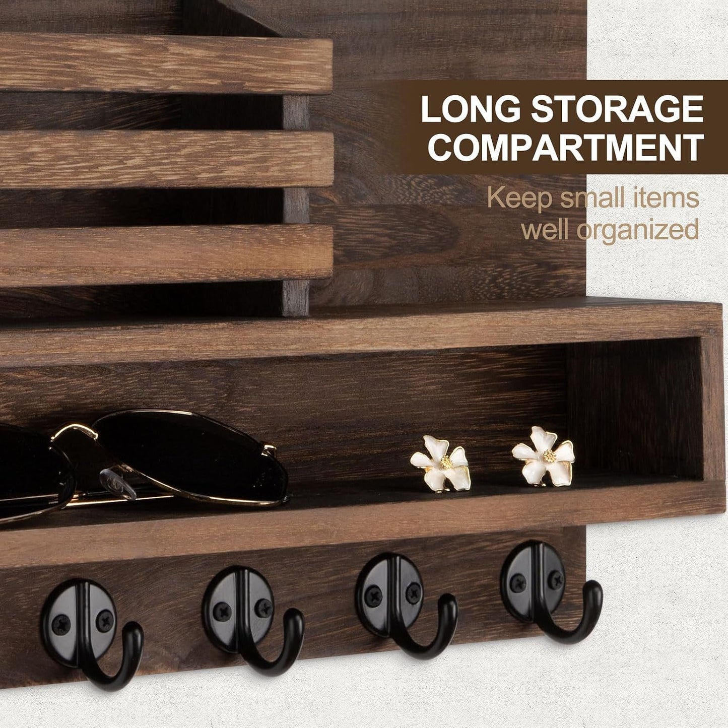 Key and Mail Holder Wall Mount, Key Hanger with Long Storage Box and 5 Hooks for Coat, Dog Leash, Home Decor Rack, House Accessories, Entry Way Organizer 11.8”W x 7.8”H x 3.2”D