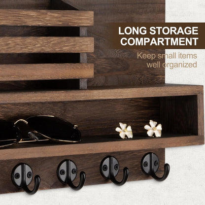 Key and Mail Holder Wall Mount, Key Hanger with Long Storage Box and 5 Hooks for Coat, Dog Leash, Home Decor Rack, House Accessories, Entry Way Organizer 11.8”W x 7.8”H x 3.2”D