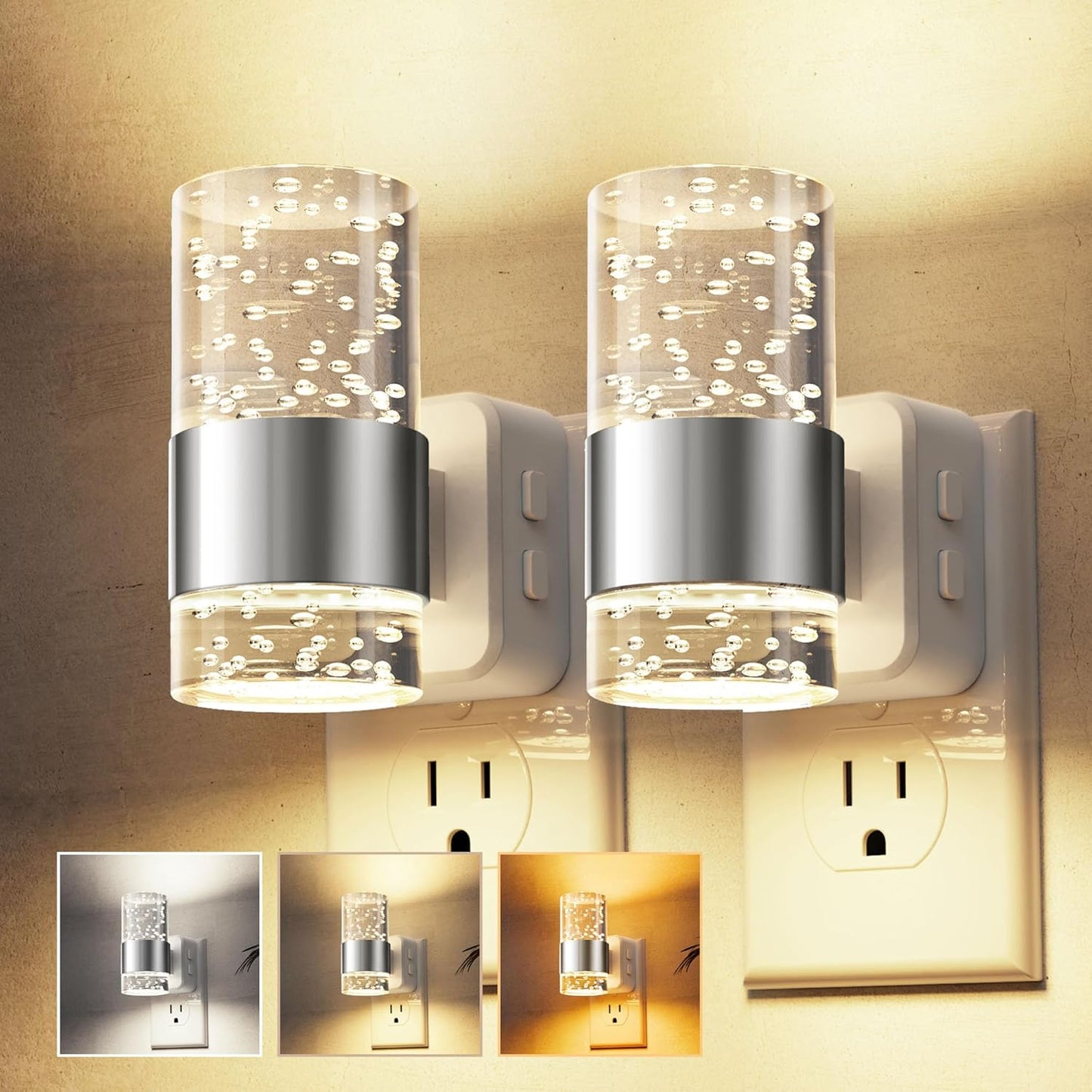 L LOHAS LED Night Light, Bubble Night Lights Plug into Wall,2 Pack 3000K/4000k/5000K Adjustable Color Temperature Night Light,Dimmable Nightlights with Dusk to Dawn Sensor for Rooms Bathroom Hallway