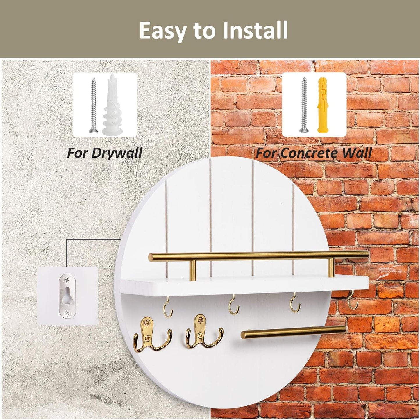 Nekon Key Holder Wall Mount, 11.8 Inch Rack With Shelf and 6 Hooks, Rustic Mail Organizer, Circular Wooden Hanger for Entryway Hallway Kitchen (Brown&Gold)