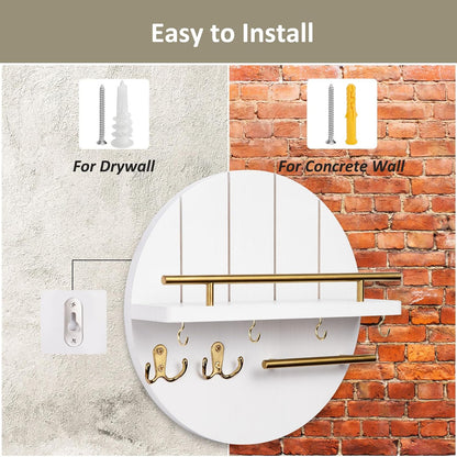 Nekon Key Holder Wall Mount, 11.8 Inch Rack With Shelf and 6 Hooks, Rustic Mail Organizer, Circular Wooden Hanger for Entryway Hallway Kitchen (Brown&Gold)