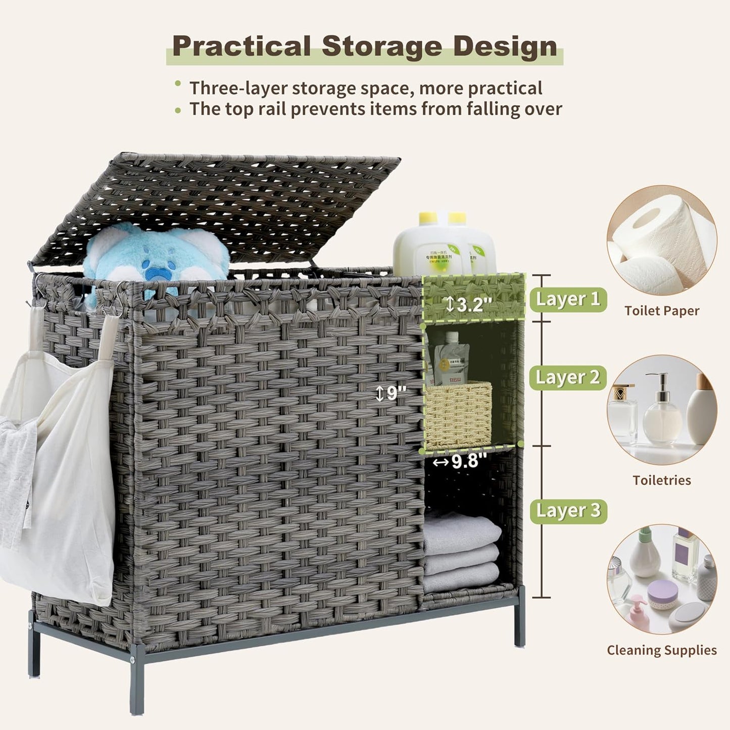 Gitelsnour Laundry Hamper with Lid, 110L (29.1 Gal) Rattan Laundry Hamper 2 Section with 50L (13.2 Gal) Storage Shelf, Wicker Woven Laundry Sorter Basket with 3 Liner Bags and Handles, Brown GLH002BR
