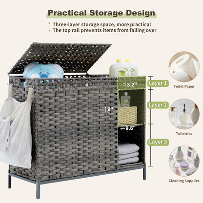 Gitelsnour Laundry Hamper with Lid, 110L (29.1 Gal) Rattan Laundry Hamper 2 Section with 50L (13.2 Gal) Storage Shelf, Wicker Woven Laundry Sorter Basket with 3 Liner Bags and Handles, Brown GLH002BR