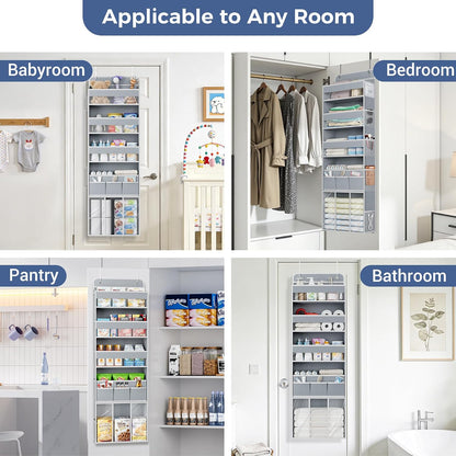 COOLBEBE 2-Pack over the Door Organizer, 5-Tier Hanging Storage with Clear Windows & Mesh Side Pockets, Heavy-Duty Nursery Closet Organizer for Baby Essentials, Bathroom, Bedroom, Grey