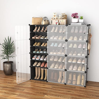 Portable Shoe Rack Organizer with Door, 96 Pairs Shoe Storage Cabinet Easy Assembly, Plastic Adjustable Shoe Storage Organizer Stackable Detachable Free Standing DIY Expandable 12 Tier Black