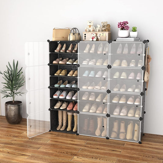 Portable Shoe Rack Organizer with Door, 96 Pairs Shoe Storage Cabinet Easy Assembly, Plastic Adjustable Shoe Storage Organizer Stackable Detachable Free Standing DIY Expandable 12 Tier Black