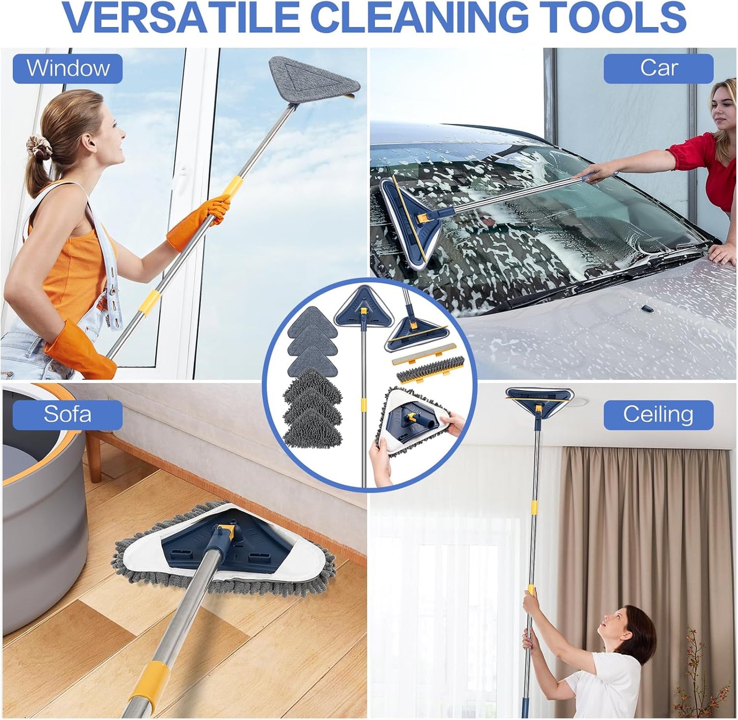 80" Wall Cleaner Mop with Long Handle, Sunoyar 360° Triangle Wall Washer Cleaner Tool for Ceiling Painted Wall Fan Baseboard,Wall Dusters Kit with Chenille Microfiber Pad Brush Scraper 5-in-1 Durable