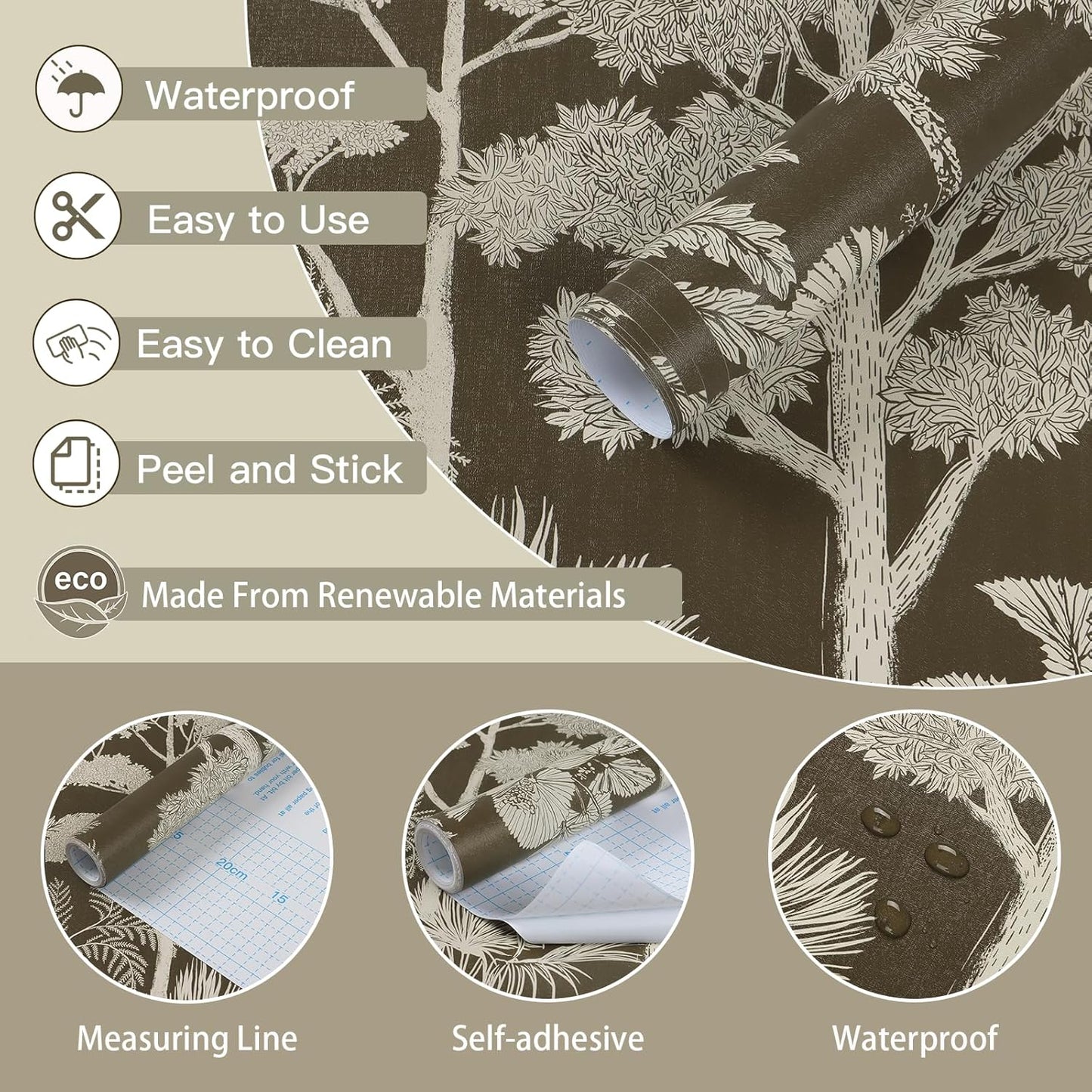 Safiyya Peel and Stick Wallpaper Beige Forest Contact Paper 17.3" x 118" Vintage Tree Wall Paper Renter Friendly Self Adhesive Removable Wallpaper for Bathroom Vinyl Off-White
