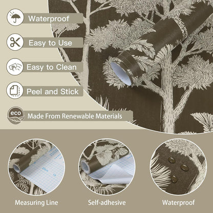 Safiyya Peel and Stick Wallpaper Beige Forest Contact Paper 17.3" x 118" Vintage Tree Wall Paper Renter Friendly Self Adhesive Removable Wallpaper for Bathroom Vinyl Off-White
