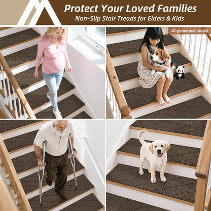 COSY HOMEER Edging Stair Treads Non-Slip Carpet Mat 28inX9in Indoor Stair Runners for Wooden Steps, Edging Stair Rugs for Kids and Dogs, 100% Polyester TPE Backing(4pc, Beige)