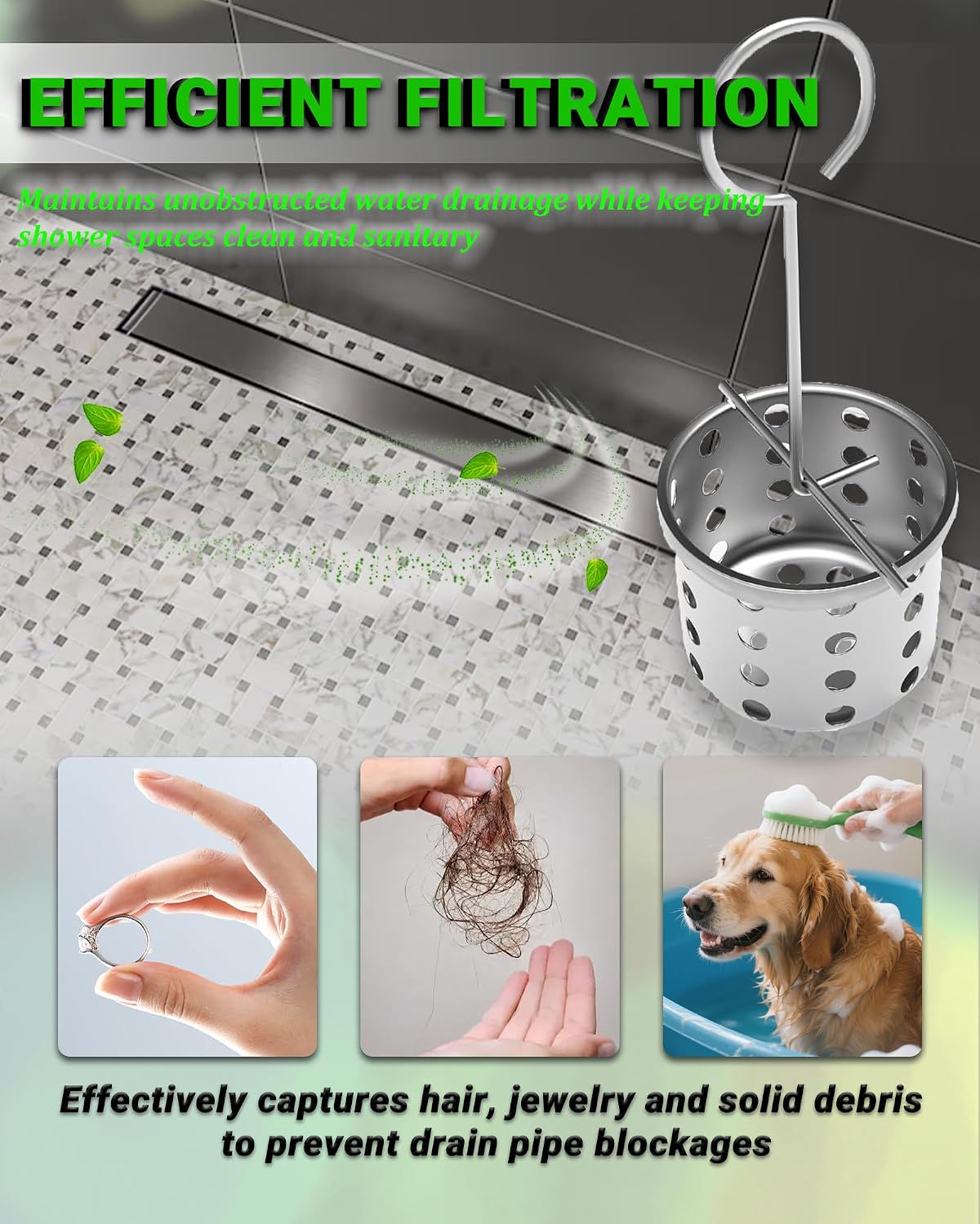 2 Pcs Shower Drain Strainer Hair Catcher, 304 Stainless Steel Drain Strainer Compatible with Oatey Designline Linear & Square Shower Drains with Drain Grate Lifting Key, Vertical Hook Style