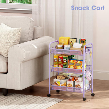 TOOLF 3-Tier Metal Rolling Cart, Mesh Wire Easy Assemble Utility Cart, Storage Trolley on Wheels with 3 Hooks, MetalStorage Shelving Units for Kitchen Bathroom Laundry Room