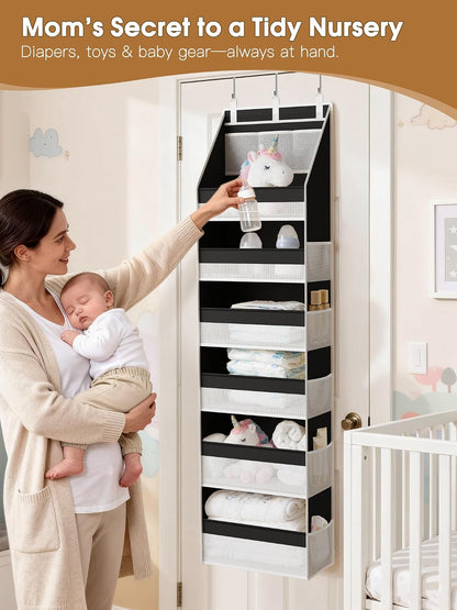 Criusia Over The Door Organizer, Heavy-Duty 6-Shelf Hanging Storage with 13 Mesh Pockets, 55lbs Capacity Behind The Door Storage for Nursery, Bathroom, Bedroom, and Dorm, Grey