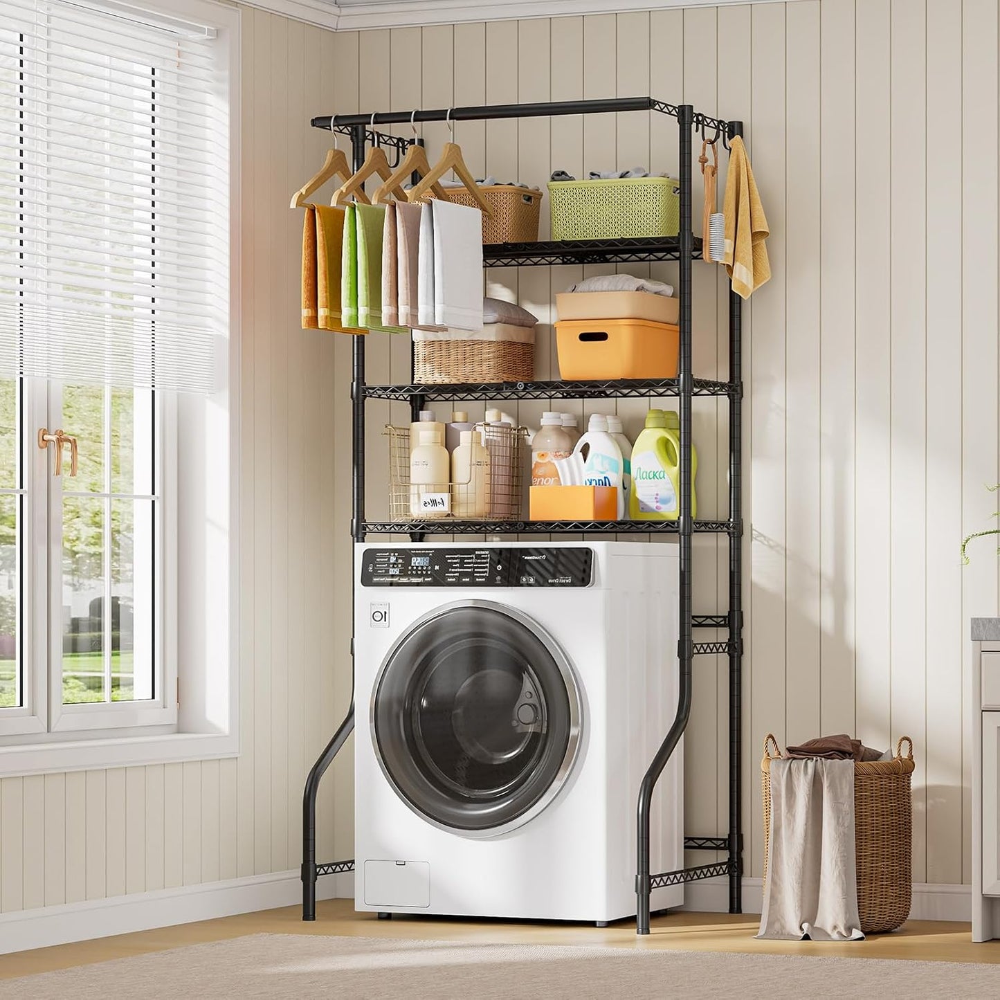 ONBRILL Expandable Over Washer and Dryer Shelves, 3 Tiers Laundry Room Organization and Storage with Hanger Rod, 4 Hooks, Adjustable Height Metal Freestanding Clothes Drying Rack, White