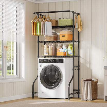 ONBRILL Expandable Over Washer and Dryer Shelves, 3 Tiers Laundry Room Organization and Storage with Hanger Rod, 4 Hooks, Adjustable Height Metal Freestanding Clothes Drying Rack, White