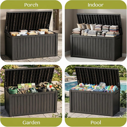 Waterproof Outdoor Storage Box Outside Deck Box Lockable Resin Bench UV Resistant Furniture Cushion Pool Tool Float Bin Patio Garden Porch (Black, 120 Gallon)