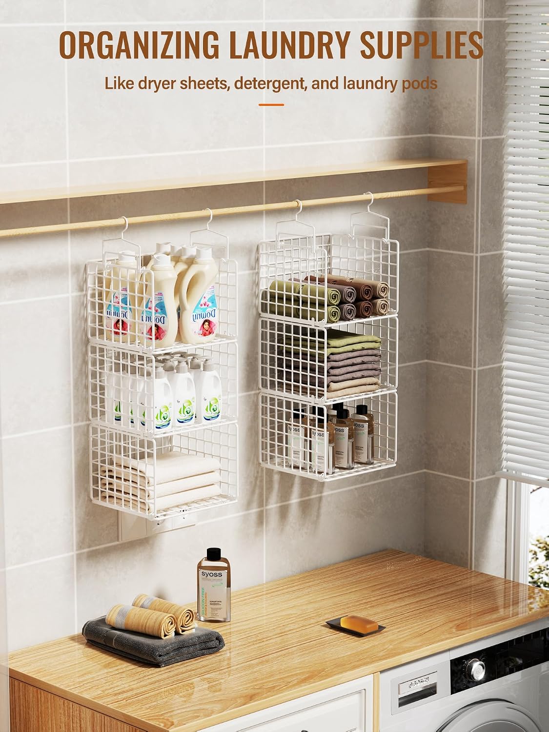 Hanging Closet Organizer, 4 Tier Metal Closet Organizers and Storage with 4 Hanging Hooks 4 S-Hooks for Wardrobe Laundry Room, Wire Storage Shelf for Clothes Sweaters Pants (White)
