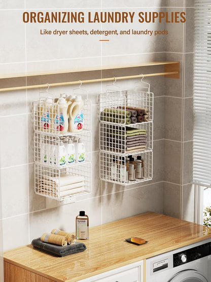 Hanging Closet Organizer, 4 Tier Metal Closet Organizers and Storage with 4 Hanging Hooks 4 S-Hooks for Wardrobe Laundry Room, Wire Storage Shelf for Clothes Sweaters Pants (White)
