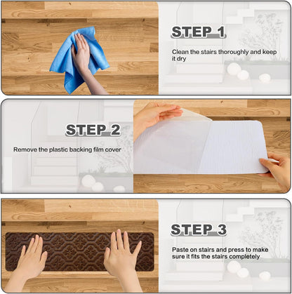 15 Pack 8 "X 30" Non-Slip Carpet Stair Treads for Indoor Wooden Steps, Made of Polyester and Reusable Adhesive, Suitable for Kids Elders and Pets（Black Lines）