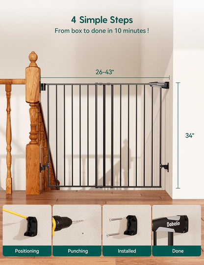 Babelio Baby Gate for Stairs, Kitchen & Doorways, No Bottom Bar| One-Handed Operation| Auto-Close| Hardware Mount (Drill Needed) Safety Dog/Pet Gate (Black - B17, 26-43" W, 28" H)