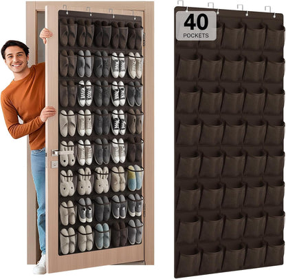 40 Large Mesh Pocket Over the Door Shoe Organizer,Hanging Shoe Rack for Door,Hualleko Shoes Organizer Hanger with Large Capacity, Shoes Storage Holder Sturdy Non-woven Fabric - Stores 20 Pairs (White)