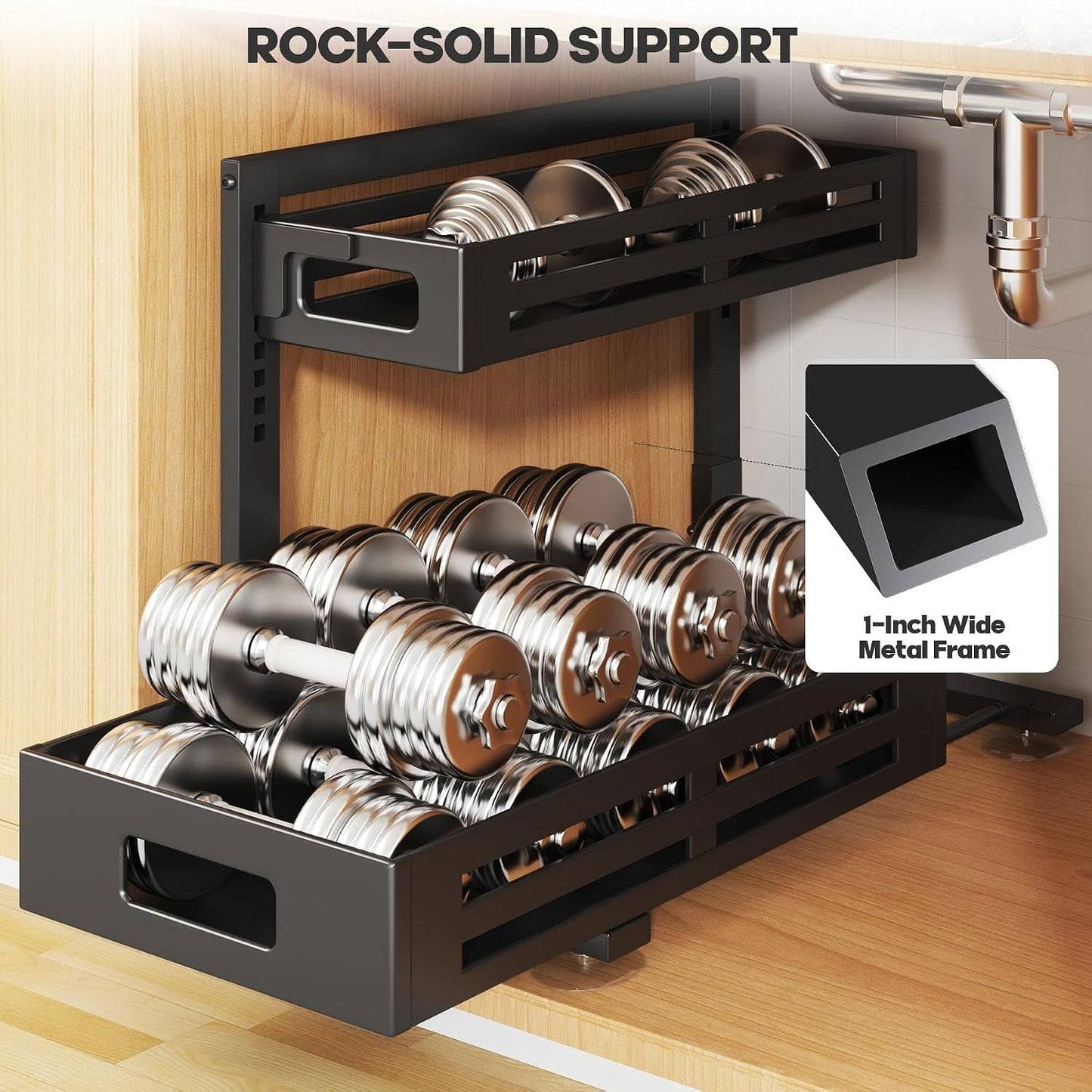 2 Pack Under Sink Organizer,Pull Out Cabinet Organizer with Smooth Cylindrical Rail,Metal Slide Out Drawer for Kitchen Bathroom Laundry Cabinet,8-Level Tool Free Height Adjustable-Black