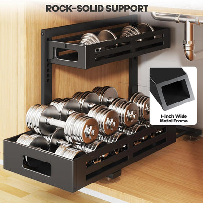 2 Pack Under Sink Organizer,Pull Out Cabinet Organizer with Smooth Cylindrical Rail,Metal Slide Out Drawer for Kitchen Bathroom Laundry Cabinet,8-Level Tool Free Height Adjustable-Black